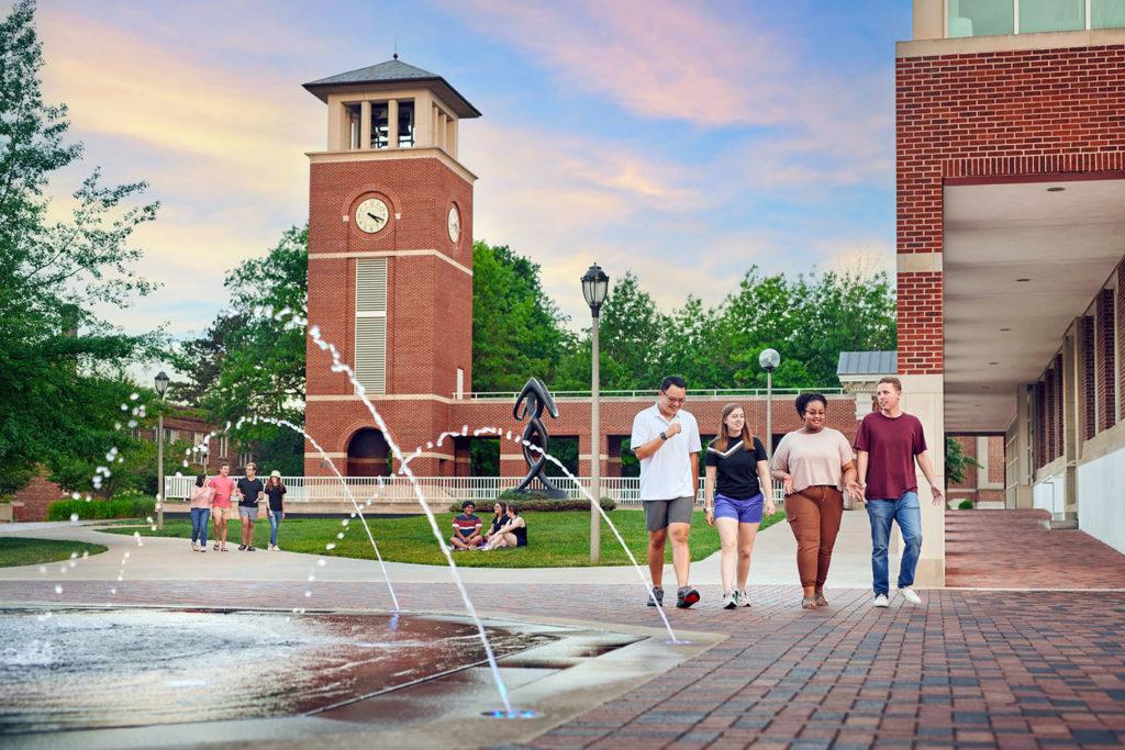 Clock tower and fountain on Truman campus